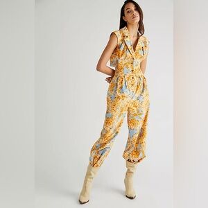 Free People Blue and Yellow Floral Jumpsuit